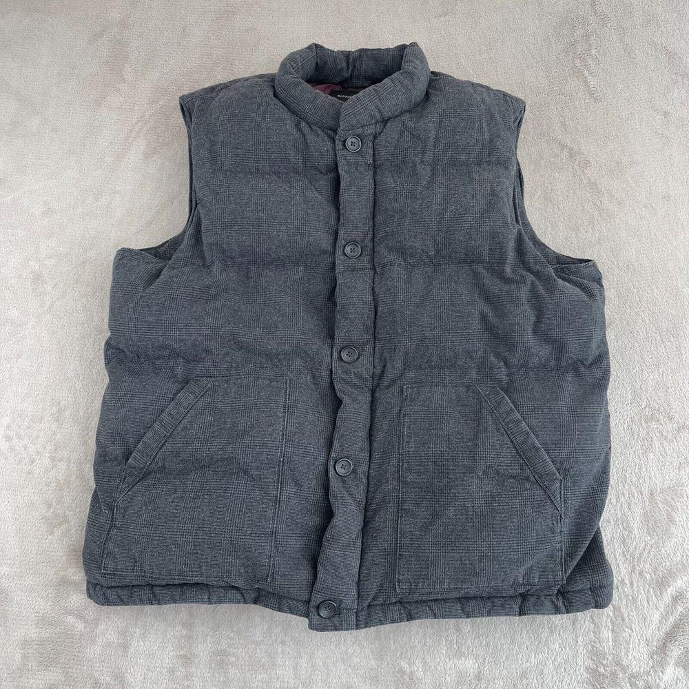 Banana Republic Puffer Vest Men XL Grey Plaid‎ Flannel Satin Lined Full Zip
